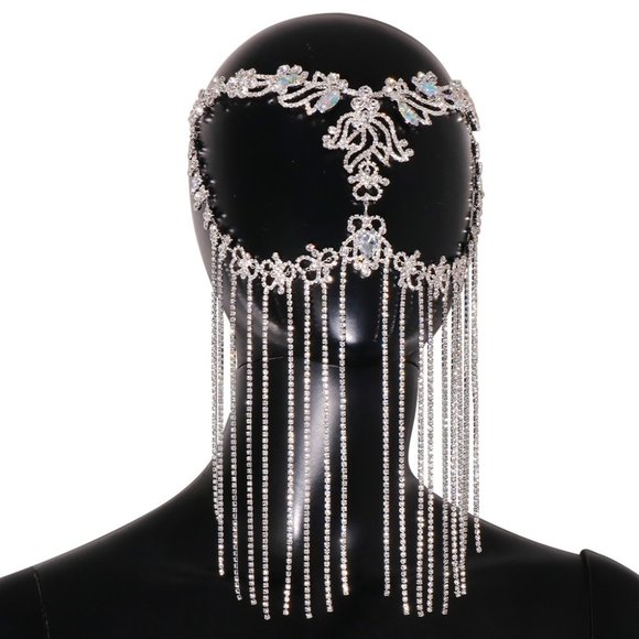 Crystal Face Chain Halloween Mask for Women Headpiece Tassel Hair Jewelry - Picture 3 of 6